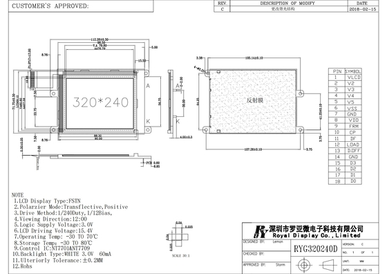 320*240 FSTN LCD モジュール 医療用スキャン用 モノクロム