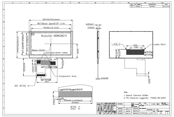 4.3インチ TFT オリジナル Innolux LCD モジュール AT043TN24 V.7 480*RGB*272 ディスプレイ