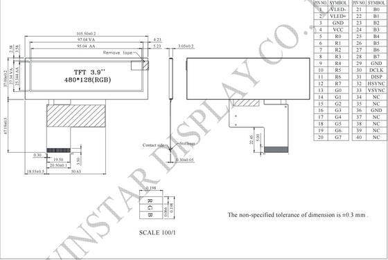 3.9'バー TFT LCD モジュール 480*128*RGB WinStar 6H HX8278-Aを入れ替える