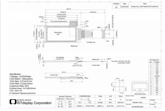 1.29' 1.3' OLED モジュール 64*128 CH1115 IC Spi I2c インターフェイス 高コントラスト