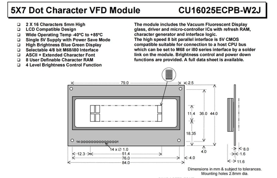 VFD モジュール 5*7 DOT 2*16 文字 Cu16025ecpb-W2j 青 緑 8 ビット 並行インターフェース