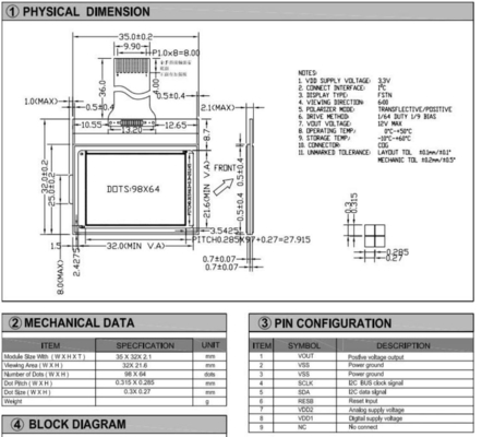 98*64 St7549 I2c インターフェイスのグラフィックLCDモジュール