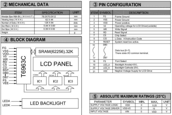 128*64 グラフィックLCDモジュール STN T6963C バックライト付き 産業用ディスプレイ モノクロム 調整可能