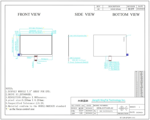 7.5'' 800*480 EPD HINK-E075A89 JD79686BB 電子棚ラベルシステムの小さなMOQ