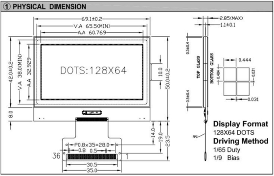 128*64 グラフィック LCD モジュール FPC インターフェース ST7565 3.3v 広温工業ディスプレイ