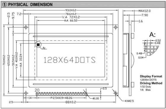 20PINコネクタ 128*64 グラフィックLCDモジュール モノクロムSTN色 バックライト付きオプション