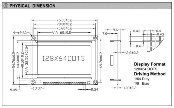 128*64 グラフィック液晶モジュール カラー オプション 20 PIN AT0107/AT0108 STN 広温ディスプレイ 産業用