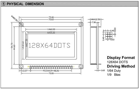 128*64 グラフィック STN LCD モジュール LED バックライト モノクロム 20ピン ST7565 3.5v 産業ディスプレイ