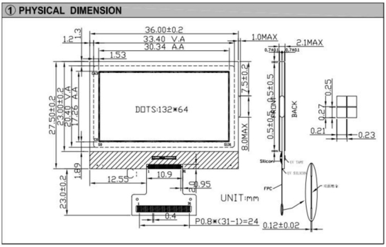 132*64 グラフィックLCDモジュール FSTN NT7534 FPCコネクタ 産業用ディスプレイ 3.5v