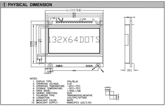 132*64 グラフィック LCD モジュール STN 青色 広温 6H ネガティブ 工業ディスプレイ