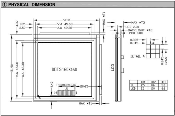 160*160 背景照明付きグラフィックLCDモジュール PCB NT7701 広温工業ディスプレイ