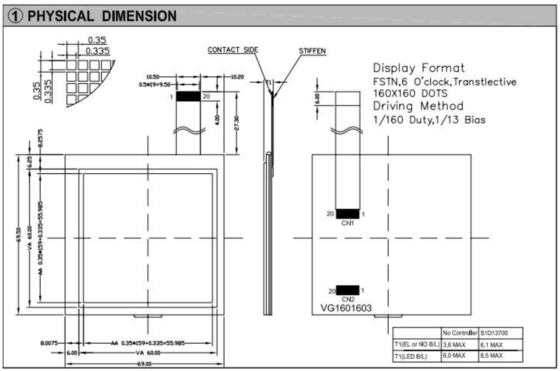 160*160 グラフィックLCDモジュール FSTN 6H 背光付き 60*60mm スクウェア 産業用ディスプレイ