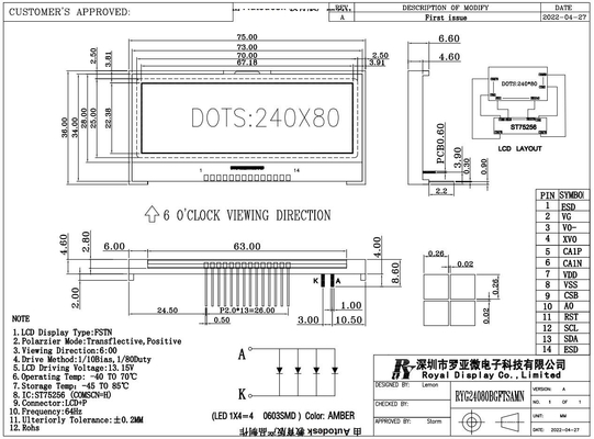 240*80 グラフィックLCDモジュール FSTN 6H 超広温工業ディスプレイ