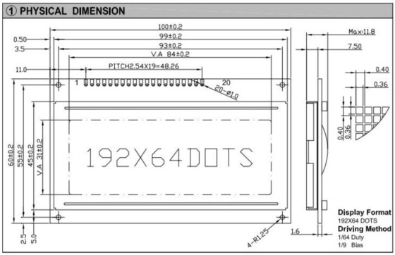 192*64 グラフィック LCD モジュール STN 幅広く見る AT0107 背景照明産業用遊び