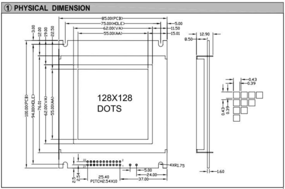 128*128 グラフィック FSTN モノクロム LCD モジュール AT0107 22ピン 工業ディスプレイ