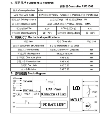8*1 キャラクター LCD モジュール 6H STN 背景照明産業ディスプレイ付き 黄色緑色 ポジティブな広温