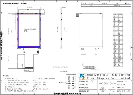 3.5' 320*480 RGB TFT IPS タッチ LCD モジュール 広温工業ディスプレイ