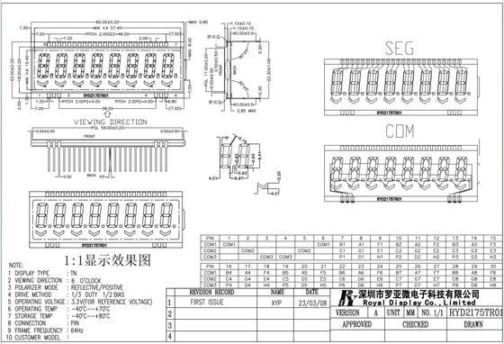 8桁のセグメント LCD モジュール TN 反射型広温工業ディスプレイ