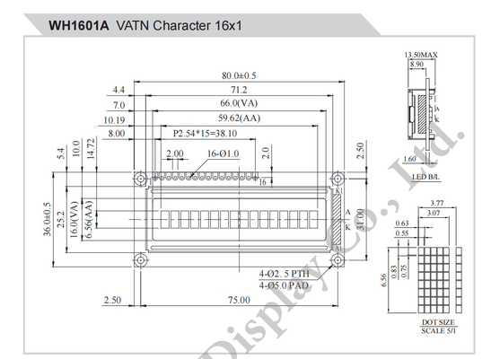 16*1 文字単色 SPI インターフェイス 広温 VATN LCD モジュール